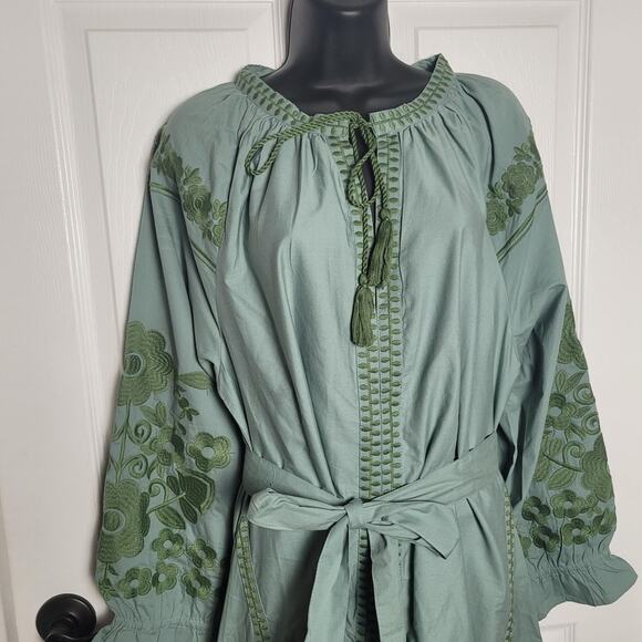 Julia Amory Dress Womens 2XL Green Coatue Caftan Embroidered Boho Maxi Belted - Picture 2 of 13